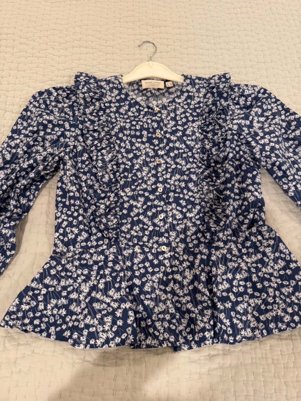 Navy Floral Ruffle Button-Up Blouse